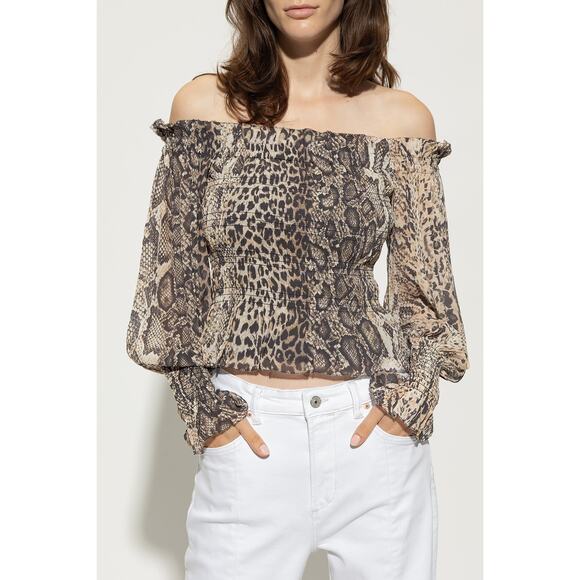 NWOT ALLSAINTS Off the Shoulder Balloon Sleeve Lara Animal Print Top Size 2 - Picture 1 of 4